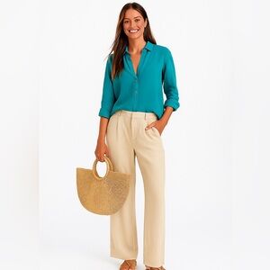 Biasa 100% Linen Boho Teal Half Button Up Beach Resort Wear Lightweight Top Sz M